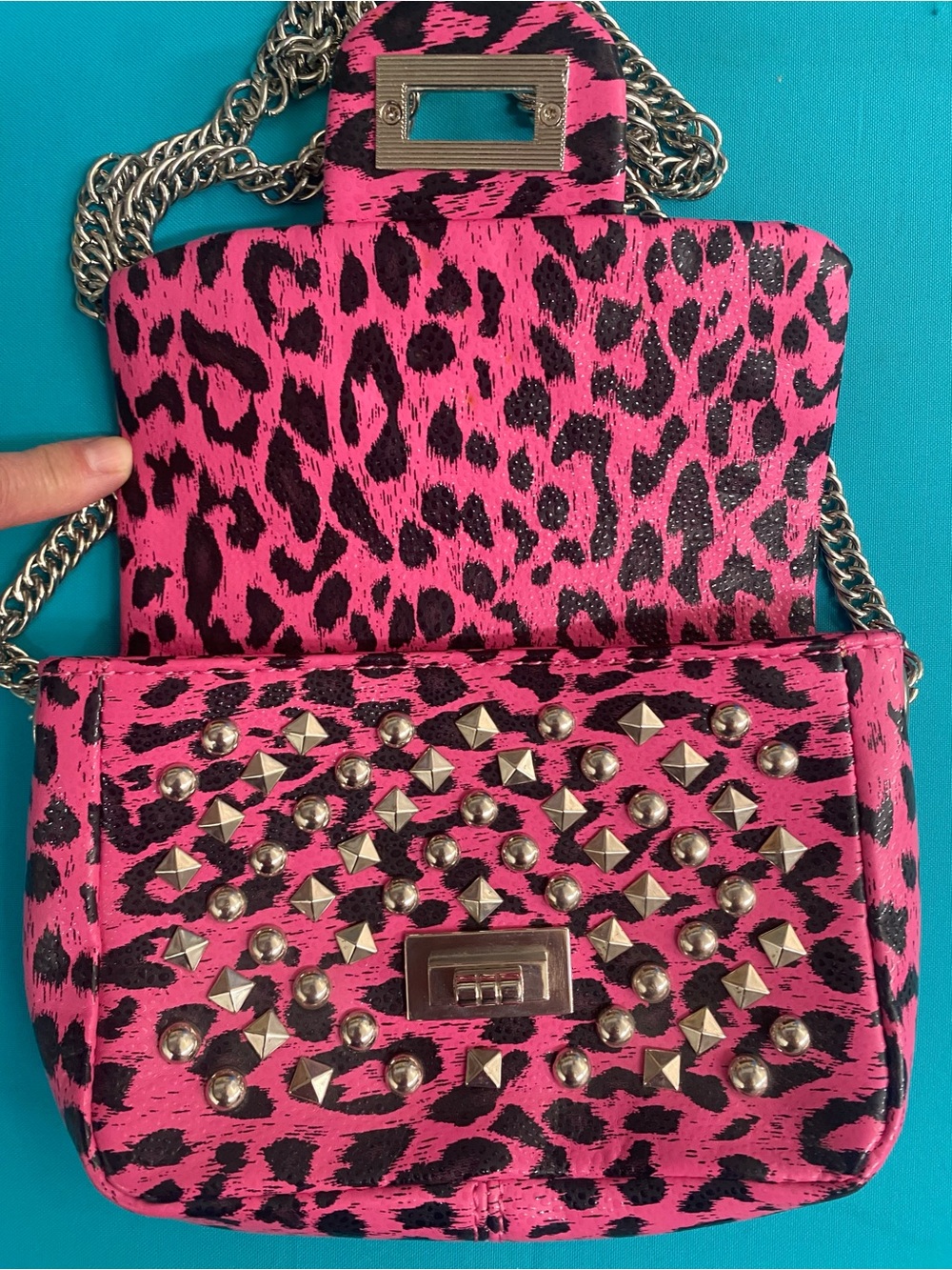 NWOT Pink Leopard Print Studded Chain Shoulder Bag